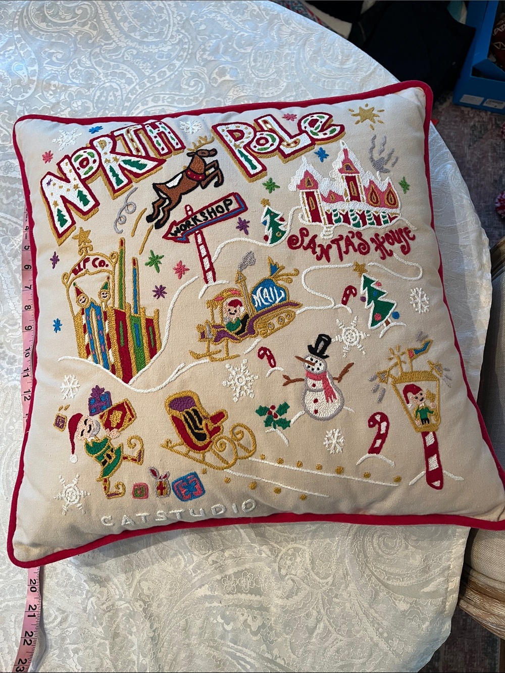Catstudio Cream Holiday 'North Pole' Hand Embroidered Decorative Pillow Red Trim - Picture 7 of 7